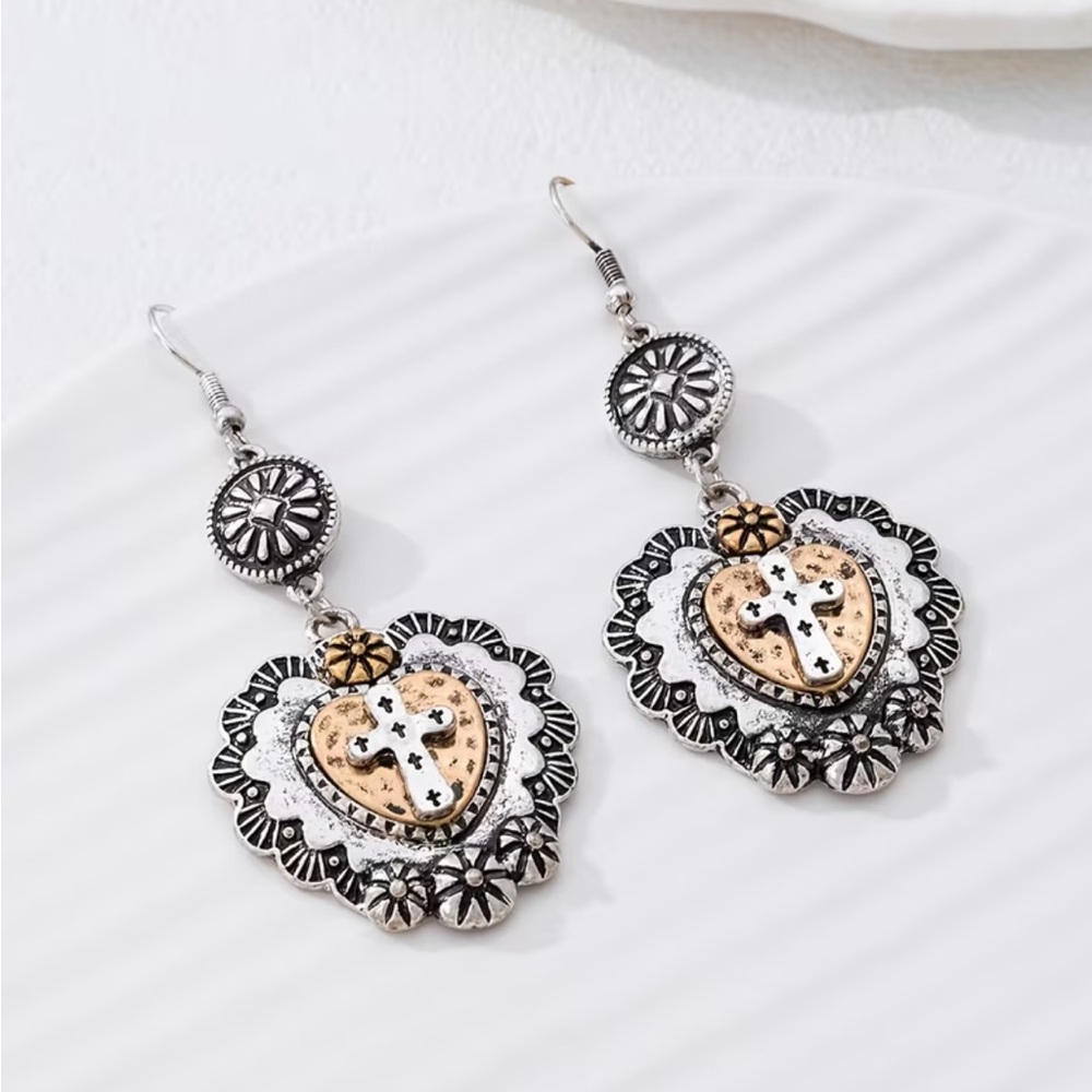 Western Sacred Heart Cross Dangle Earrings | Boho Southwestern Silver Gold Tone